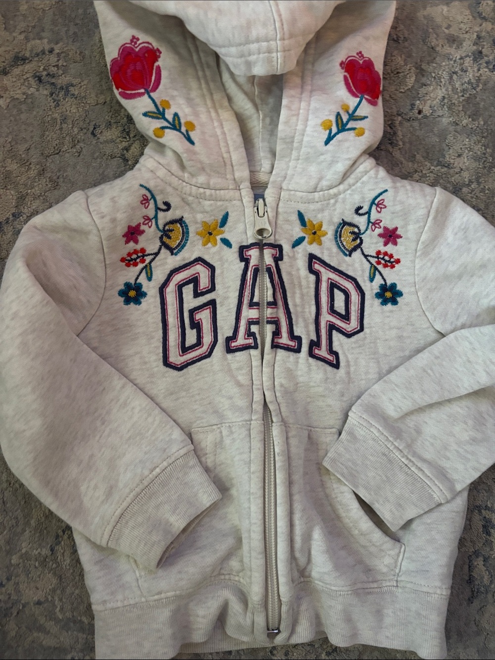 GAP Heather Gray Zipper Hoodie with Pink & Blue Floral Embroidery